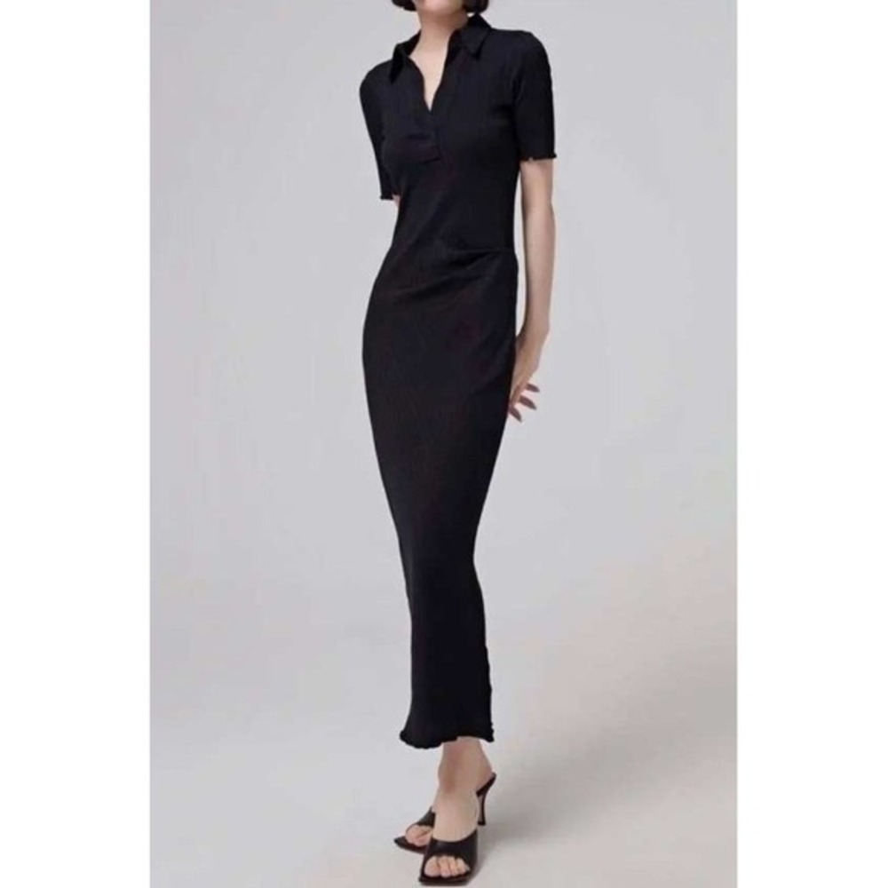 Helmut Lang Black Cotton Retro Ribbed Knit Short Sleeve Polo Maxi Dress Small